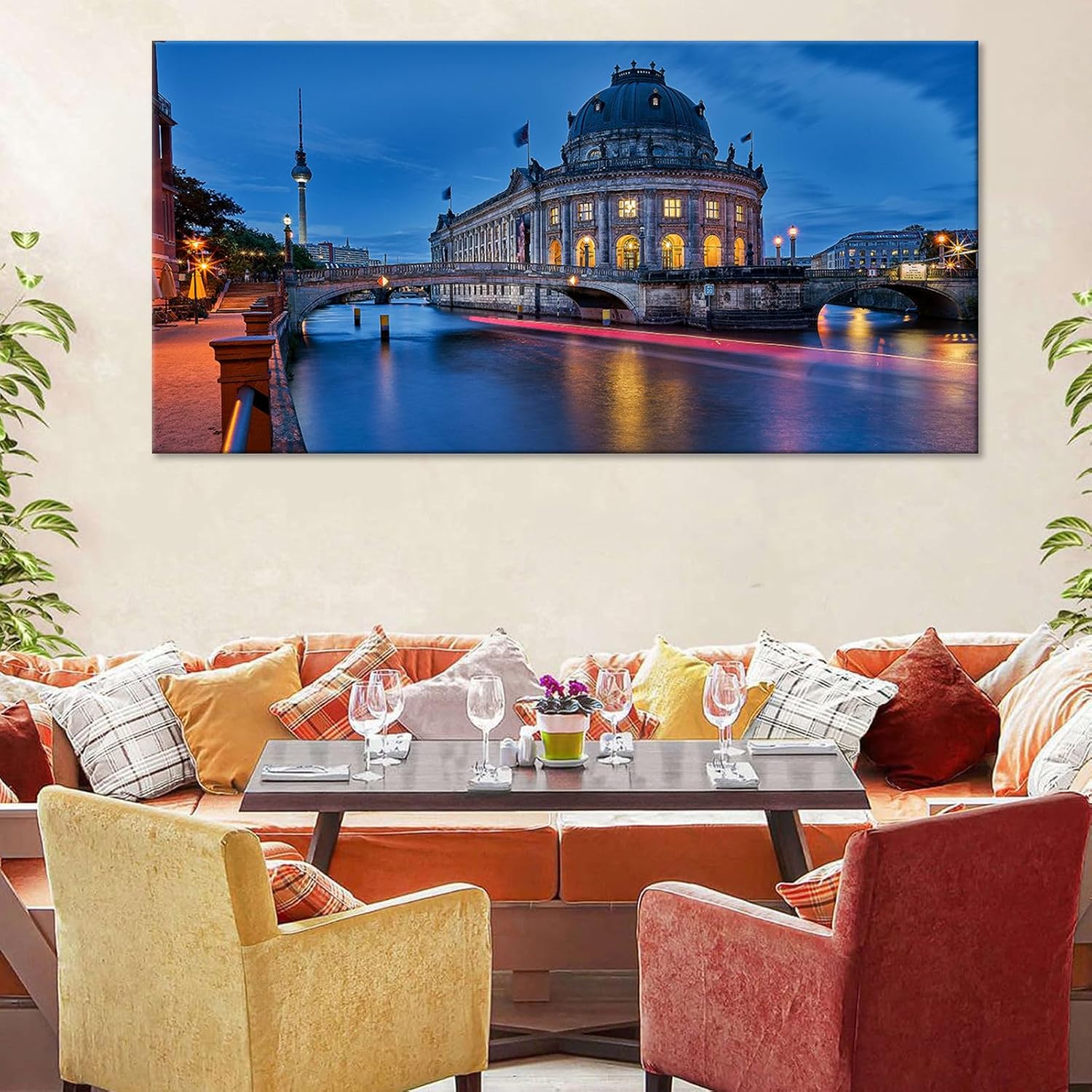 Magical Berlin Dusk Print River Reflection Cityscape Decor European Historic Waterfront Wall Art Enchanted German Capital Poster Vintage Canvas Bedroom Office Picture 20x40inch Framed