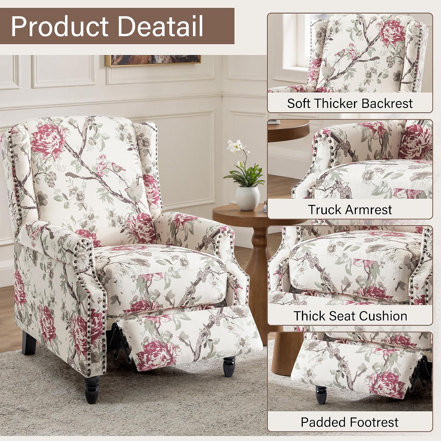 Pushback Floral Recliner Chair, Fabric Upholstered Armchair Push Back Accent Chair for Living Room, Rivet Trim Club Chair Home Theater Single Sofa Reading Seat - Beige Floral