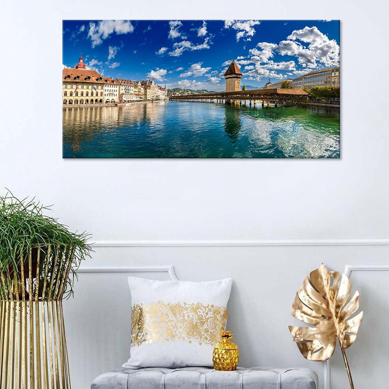Swiss Lucerne Chapel Bridge Cityscape Large Wall Art Reuss River View Canvas Print Posters European Landscape Lake Pictures Decor Artwork for Luxury Home Living Room Bedroom Office 20x40inch Framed