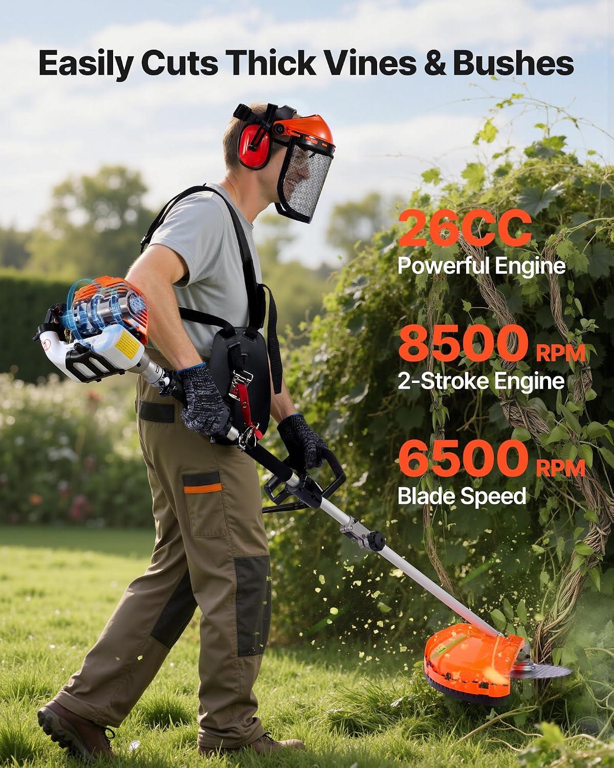 VEVOR Gas Hedge Trimmer, 2 Cycle Gas Power Handheld Trimmer, 7-in-1 26cc Weed Eater with Extension Pole & Protective Gear Set, Includes Hedge & String Trimmer, Brush Cutter(3T & 40T), Edger, Pole Saw