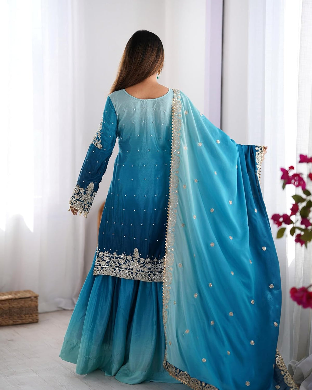 Indian Women's Chinon Silk Fabric Coding Dori Sequence with Rivet Moti Work ShararaSuit 13142