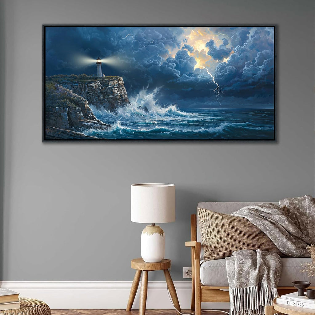 YDYSUNE Large Wall Art Framed Coastal Canvas Wall Decor Painting Navy Blue Picture,ocean decor Lighthouse Artwork for Dining Room,Living Room,Bedroom Decoration Size 24x48 Inches