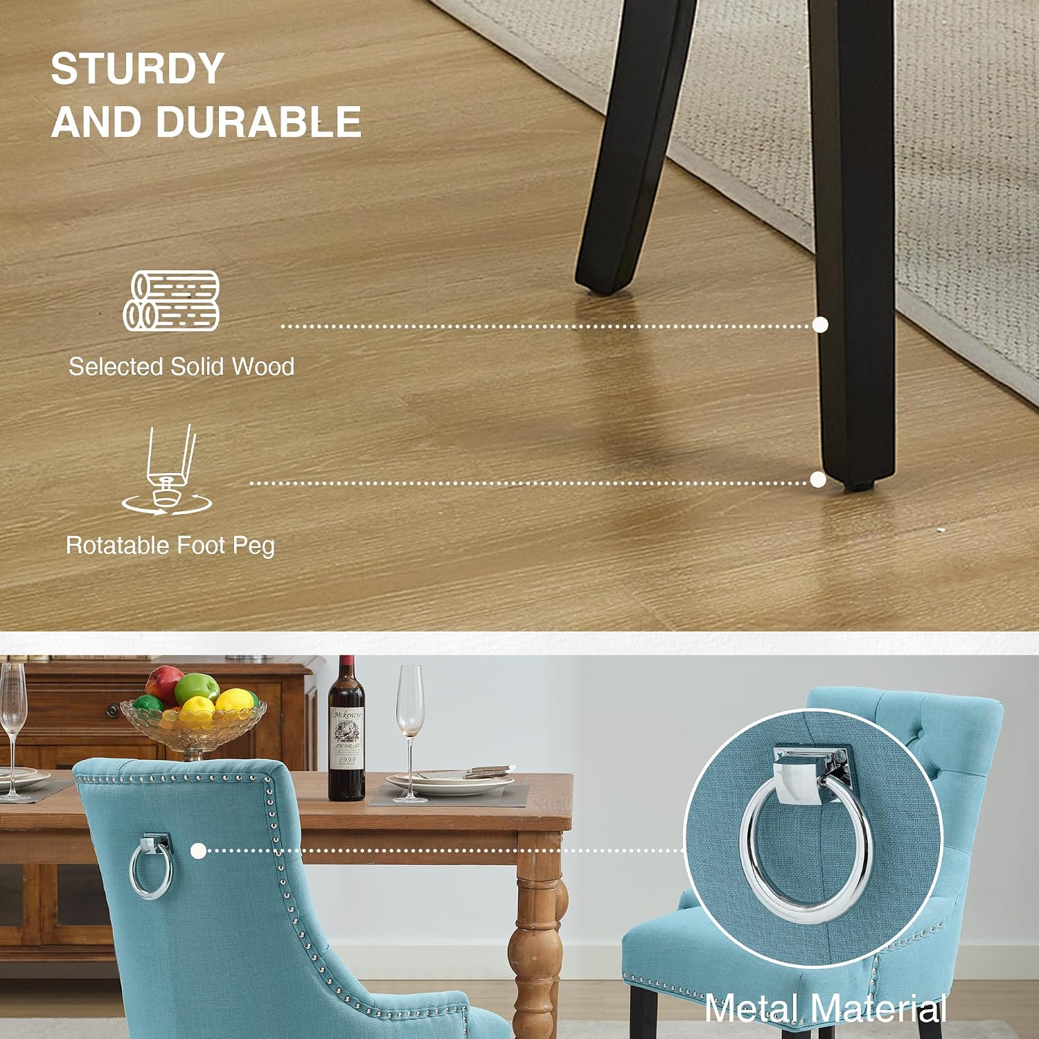 adochr Dining Chairs Set of 2, Mid-Century Modern Kitchen Chairs with Linen Fabric & Wooden Legs, Button-Tufted Back for Dining Room, Metal Rivets and Pull Rings Design, Light Blue