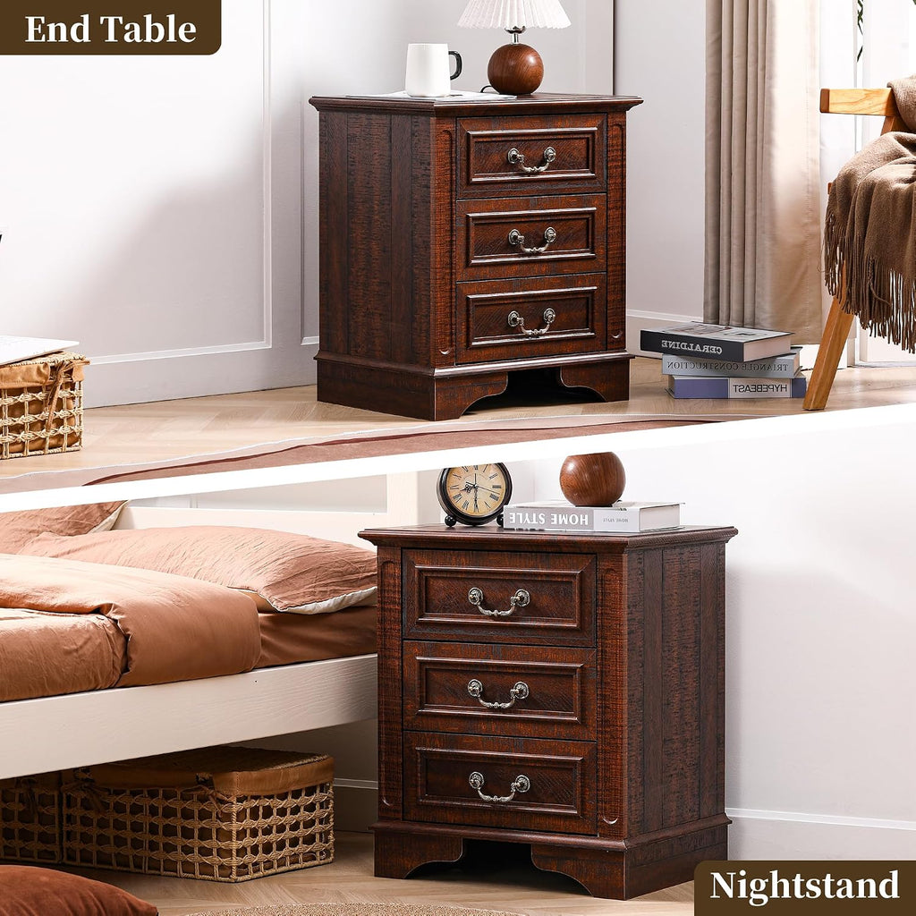 Farmhouse Night Stand with Charging Station, Bedside Table with 3 Drawers Storage and Outlets, Wood Nightstand for Bedroom, Living Room, Closet (Dark Brown)