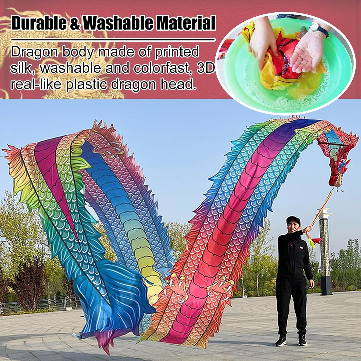 Dragon Poi with Flowing Silk Streamers – Chinese Dragon Head Spinning Toy, 8m/10m/12m Long Outdoor Dance Ribbons – Includes Portable Carry Bag, Perfect for Flow Arts, Festivals & Performance