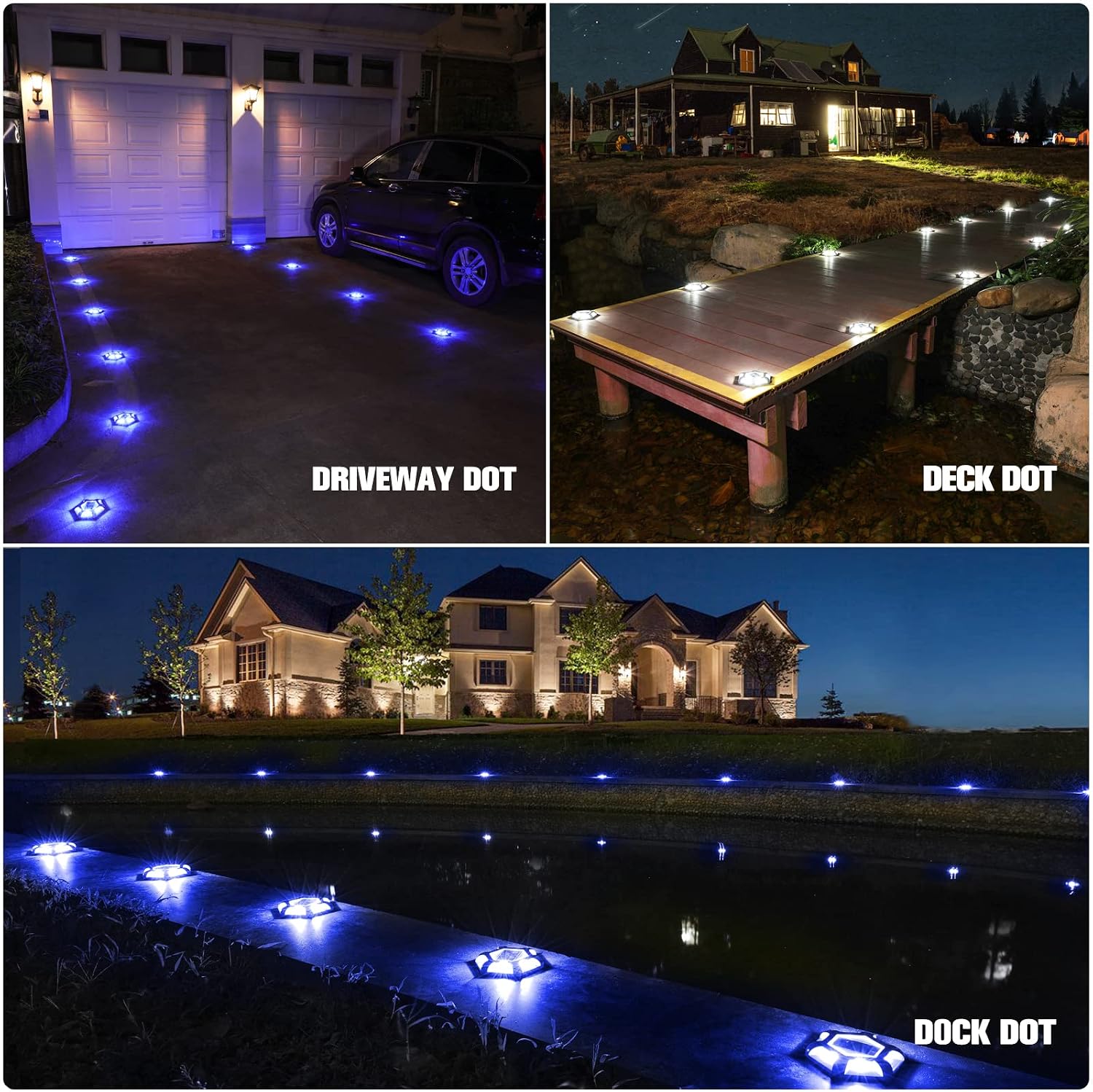 VOLISUN Solar Dock Lights, 16-Pack Waterproof Outdoor LED Aluminum Dock Lighting Warning Step Lights for Driveway (Blue+White, 2 Colors in 1), Auto On/Off