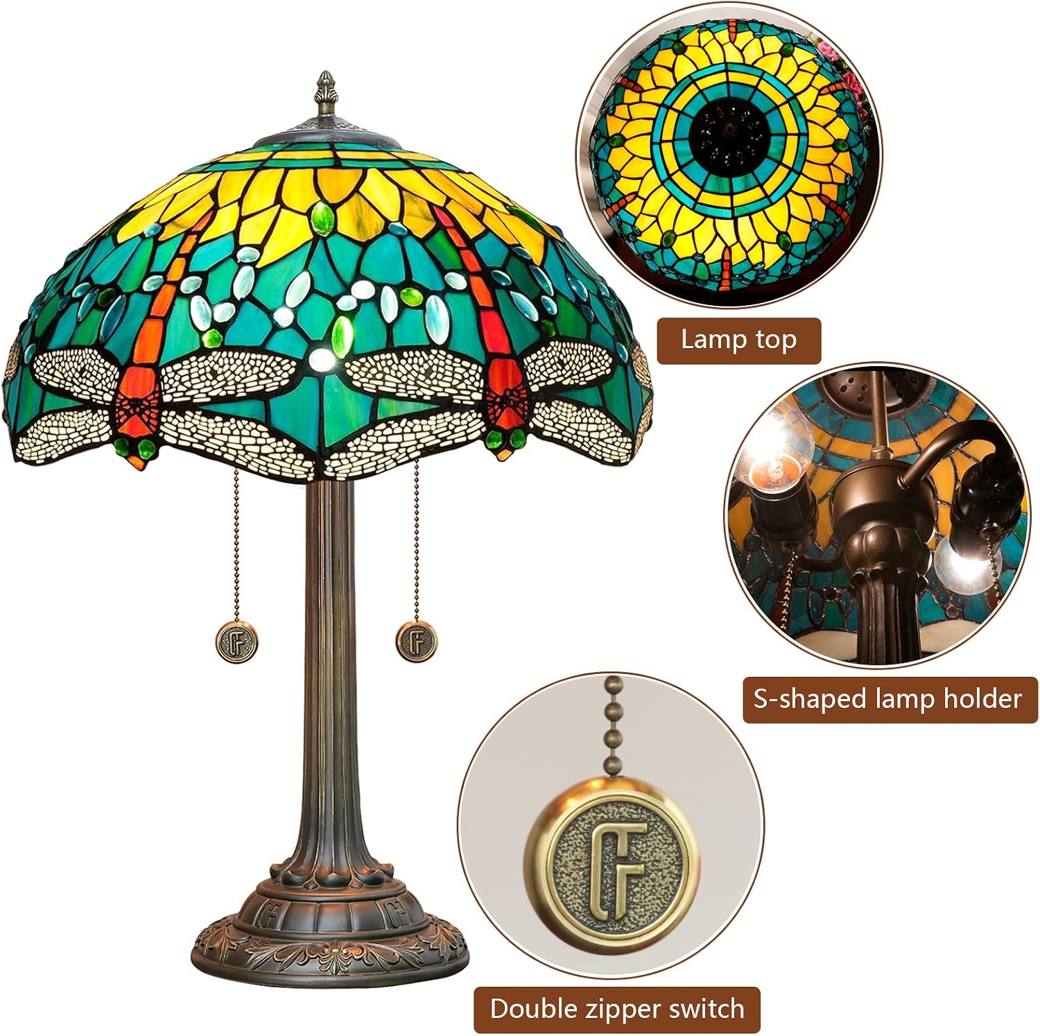 Tiffany Lamp Dragonfly Style Stained Glass Table Lamp 16X16X23 Inch Home Office Bedroom Bedside Light Vintage Unique Esthetic Decor Light (Bulb Include)
