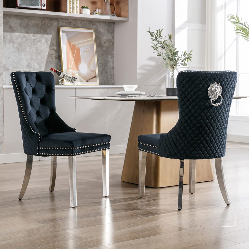 Velvet Dining Chairs Set of 2, Upholstered Dining Room Chairs, Mid-Century Modern Chairs with Diamond Lattice Tufted Back, Lion Pull Ring Rivet Trim, Silver Metal Legs for Kitchen, Black