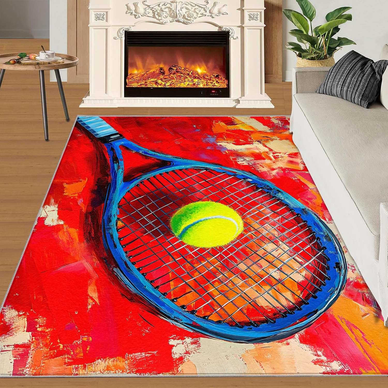 5x7 Tennis Racket Rugs for Bedroom - Sports Equipment Print Rug, Pop Art Rug Non Slip Soft Rugs for Living Room Hardwood Floors Teen Room