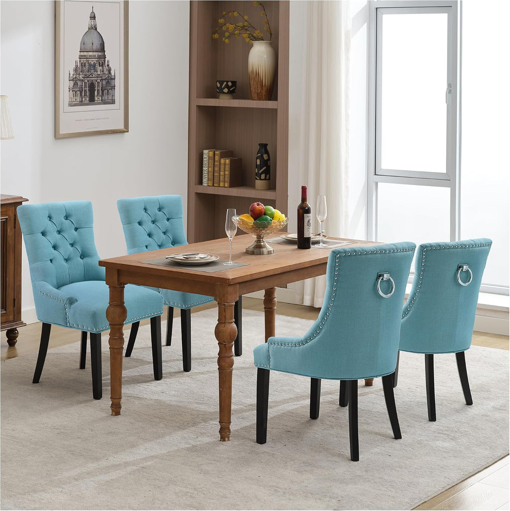 adochr Dining Chairs Set of 2, Mid-Century Modern Kitchen Chairs with Linen Fabric & Wooden Legs, Button-Tufted Back for Dining Room, Metal Rivets and Pull Rings Design, Light Blue