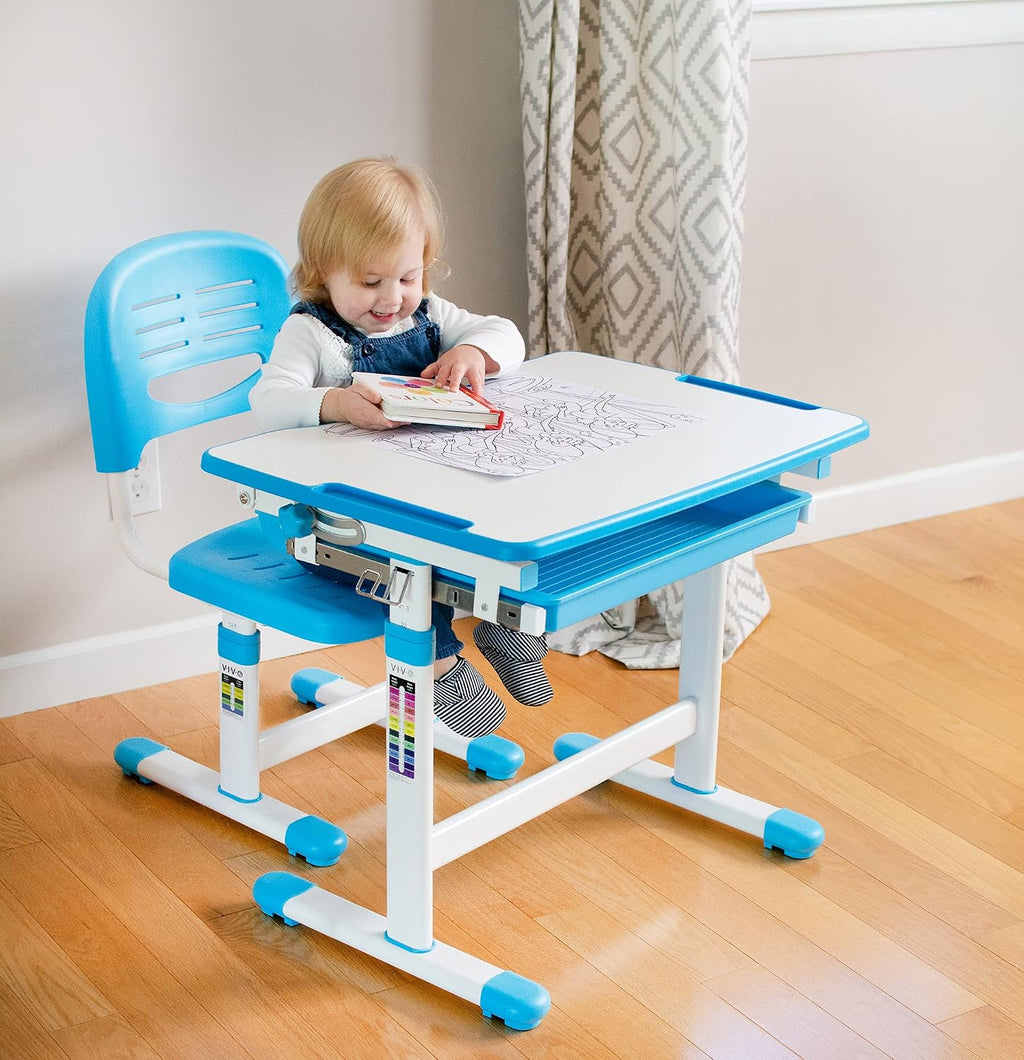 VIVO Height Adjustable Children's Desk and Chair Set, Kids' Multifunctional Interactive Workstation for School Writing Study Play, Tilting Desktop with Pullout Storage Drawer, Blue, DESK-V201B