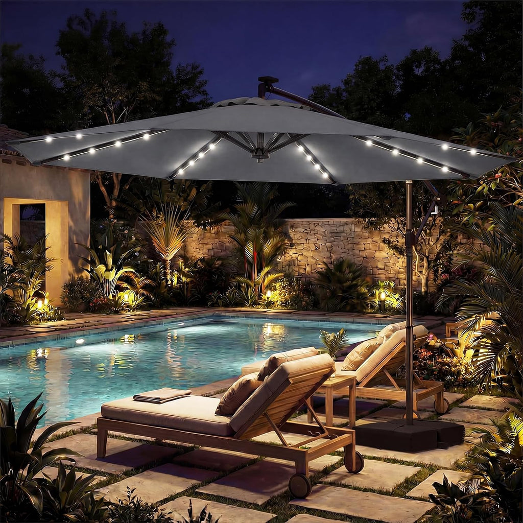 Tangkula 10ft Solar Patio Umbrella with Base Included, Offset Cantilever Outdoor Umbrella with 32 LED Lights, 360 Degree Rotation, Crank Handle for Pool Deck Garden Backyard (Gray)