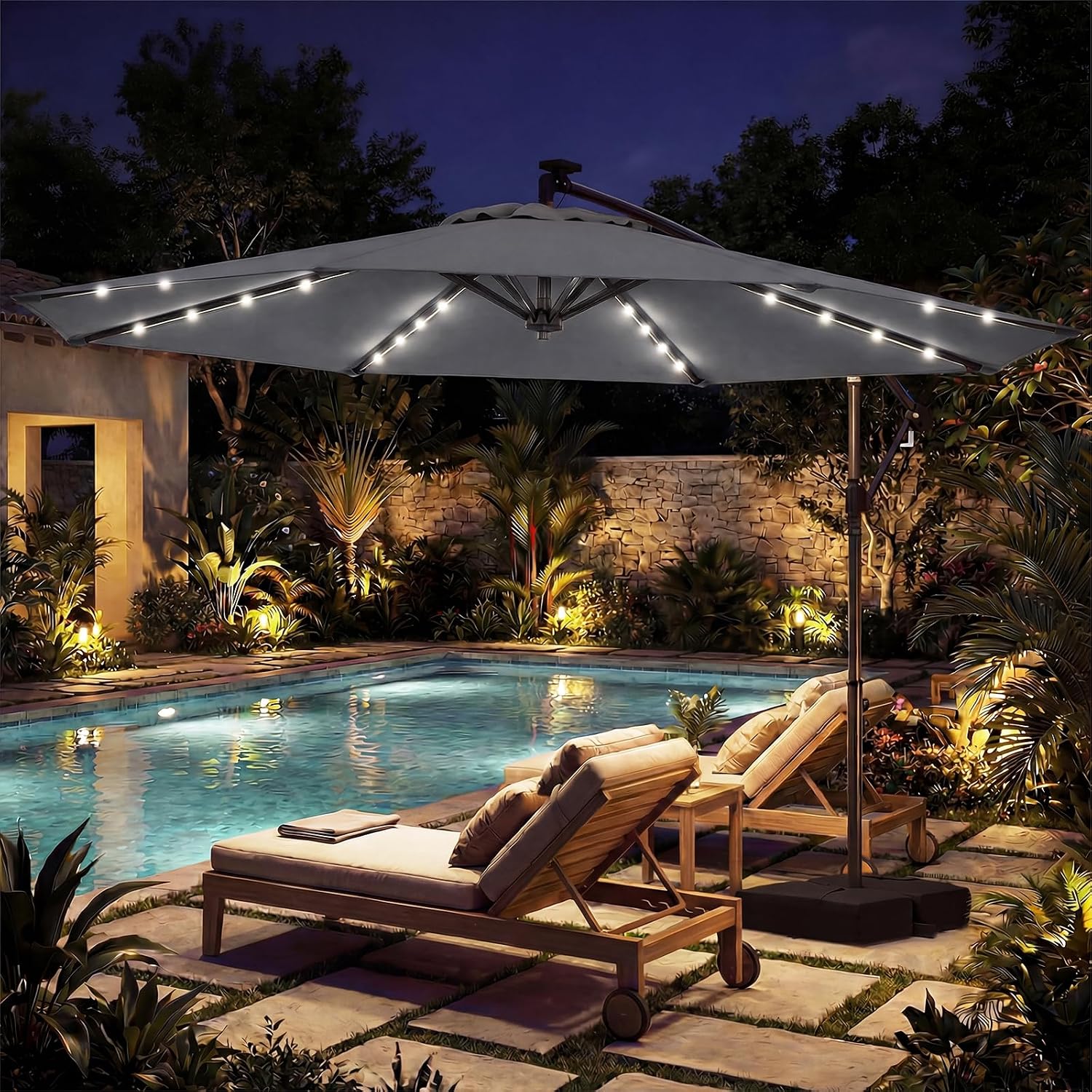 Tangkula 10ft Solar Patio Umbrella with Base Included, Offset Cantilever Outdoor Umbrella with 32 LED Lights, 360 Degree Rotation, Crank Handle for Pool Deck Garden Backyard (Gray)