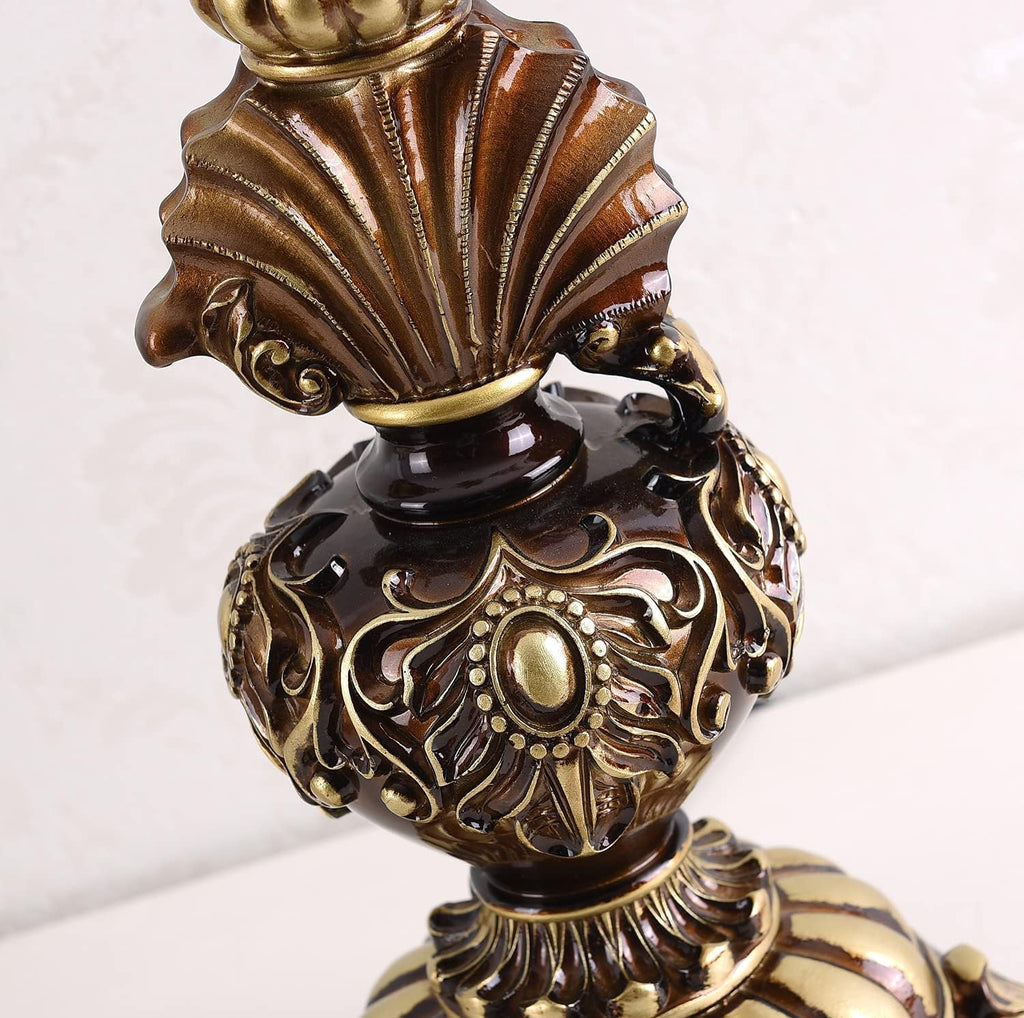 Victorian Style Table Lamp Handmade Traditional Brown Gold Lace Fabric Bedside Lamp Antique Painted Resin Base Desk Lamp for Bedroom Living Room Office, 13' W, 21.6' H. (B1)