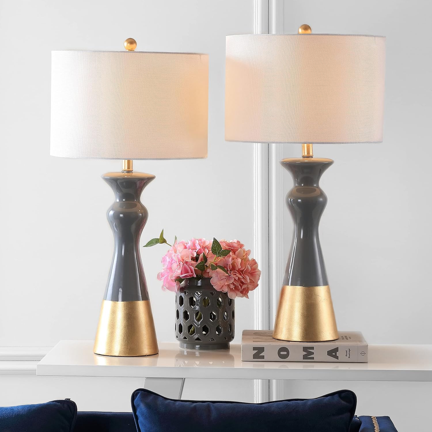 SAFAVIEH Lighting Collection Iris Modern Contemporary Grey / Gold Ceramic 31-inch Bedroom Living Room Home Office Desk Nightstand Table Lamp Set of 2 (LED Bulbs Included)