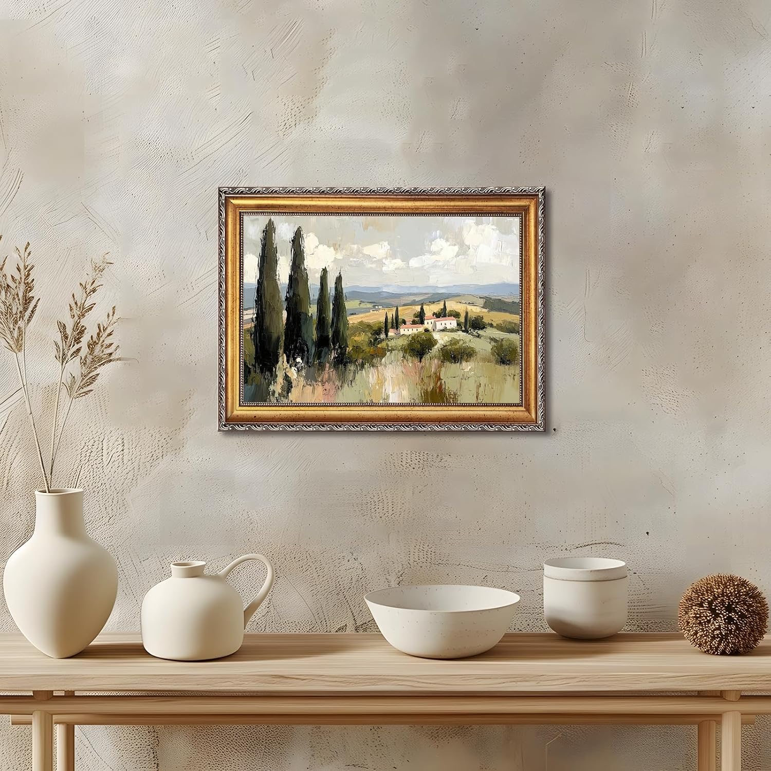 Large Framed Tuscan Cypress Countryside Oil Painting Poster Vintage Trees Rolling Hills Canvas Wall Art Italian Villa Landscape Artwork Print Retro Mediterranean Bedroom Home Decor 24x36inch