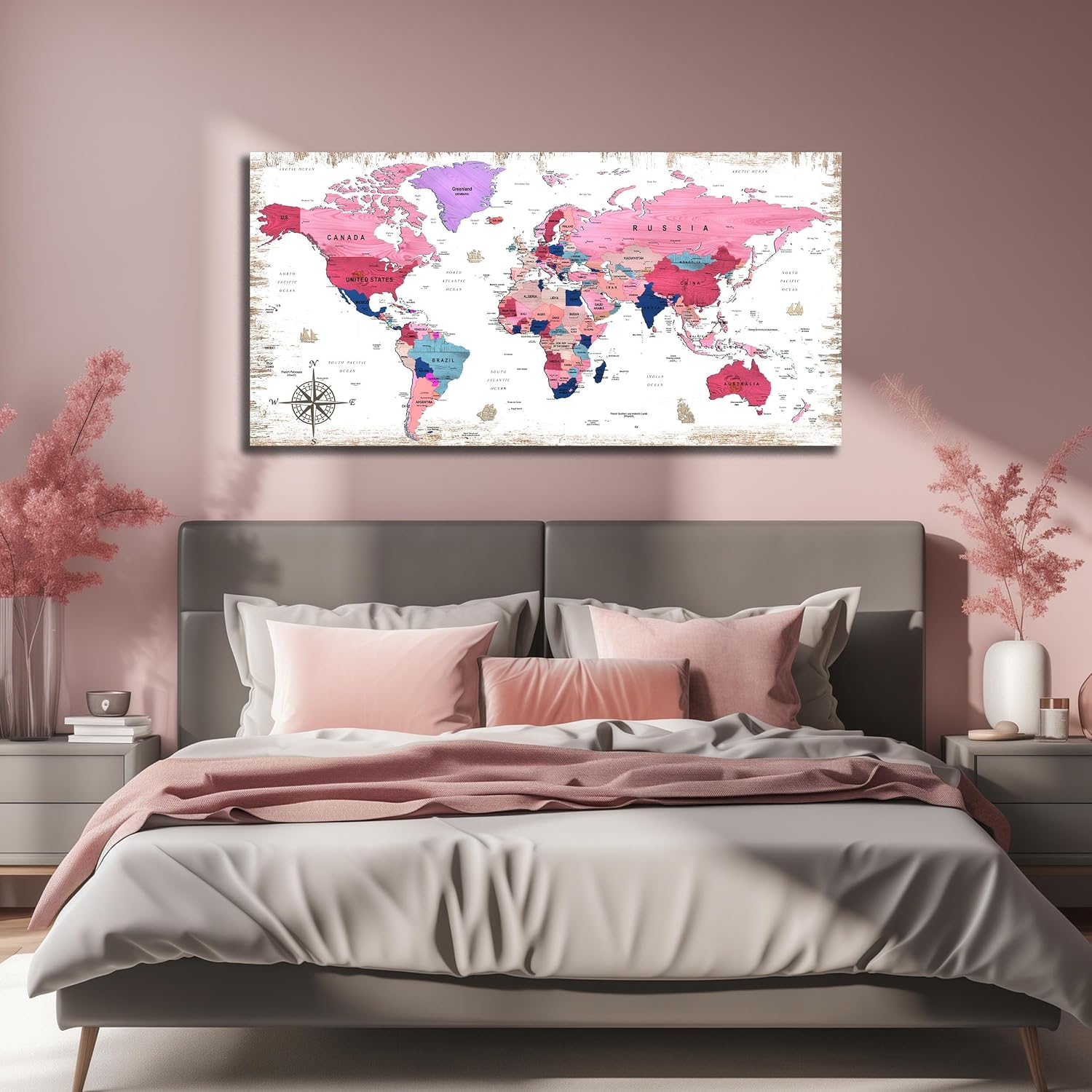 ZHAOSHOP Large World Map Canvas Wall-Art - Wall Decor For Girls Bedroom - Pink pictures Wall Decor Ready To Hang Size 59' x 29'