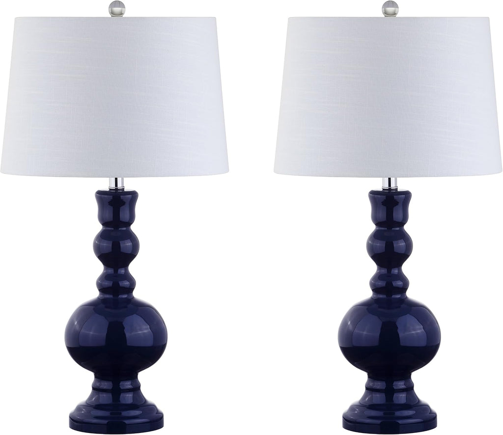 JONATHAN Y 28.5' Navy Glass Table Lamp Set of 2 for Living Room Bedroom Decor, Modern Bedside Lamps with White Linen Shade, LED Bulbs Included (JYL1061E-SET2)