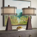 Franklin Iron Works Niklas 26' High Industrial Farmhouse Rustic Table Lamps Set of 2 USB Port Pull Chain Brown Bronze Finish Metal Tan Shade Living Room Charging Bedroom Bedside Nightstand House