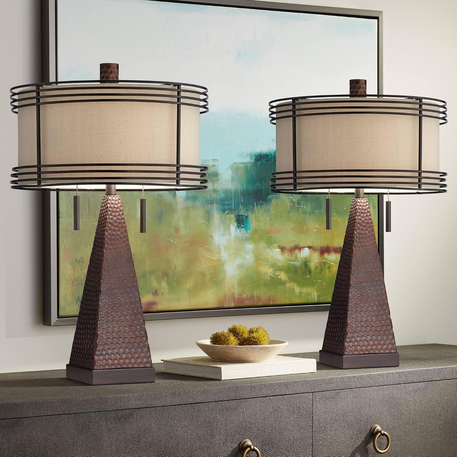 Franklin Iron Works Niklas 26' High Industrial Farmhouse Rustic Table Lamps Set of 2 USB Port Pull Chain Brown Bronze Finish Metal Tan Shade Living Room Charging Bedroom Bedside Nightstand House