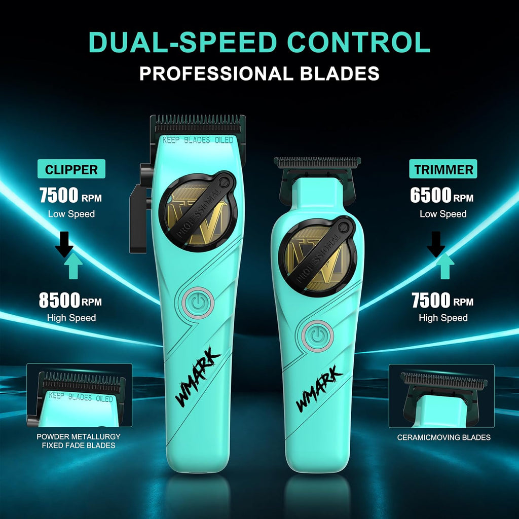 WMARK Professional 2-Piece Haircut Kit for Barber - High-Speed Clipper (7500/8500rpm) & Detail Trimmer (6500/7500rpm), Ceramic Blades, Rechargeable Lithium-Ion Batteries, NG-8613 KIT (Blue)