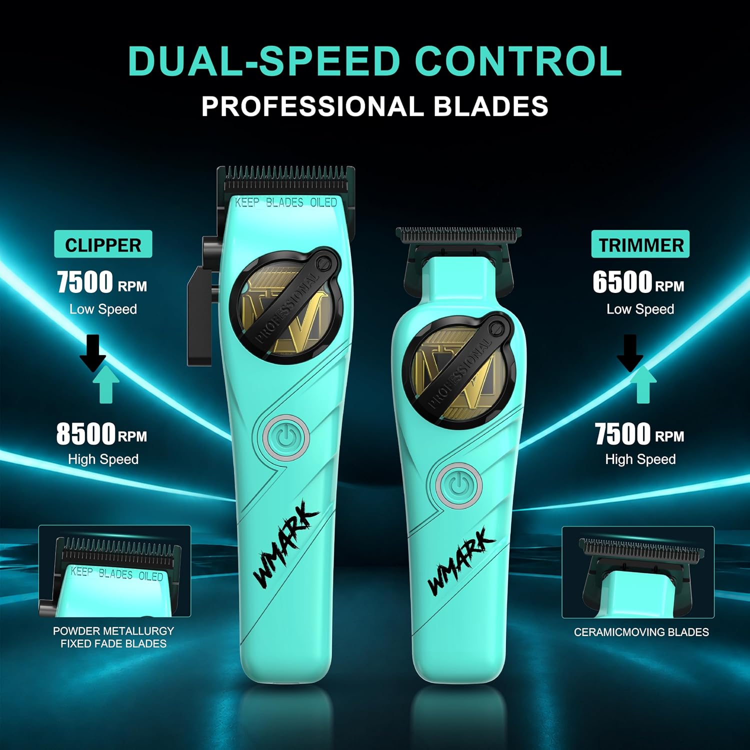 WMARK Professional 2-Piece Haircut Kit for Barber - High-Speed Clipper (7500/8500rpm) & Detail Trimmer (6500/7500rpm), Ceramic Blades, Rechargeable Lithium-Ion Batteries, NG-8613 KIT (Blue)