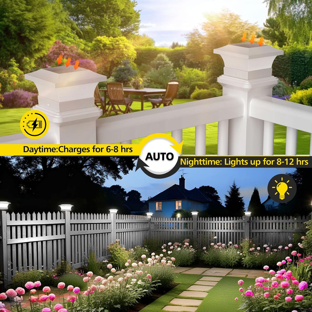 T-SUN Solar Post Cap Lights, Waterproof Outdoor Solar Powered Deck Fence Post Lights for 4 X 4 Wooden/Vinyl Posts, 6000K Cool White Lighting Decor for Deck, Patio, Garden, Porch, Fence(White -12 Pack)