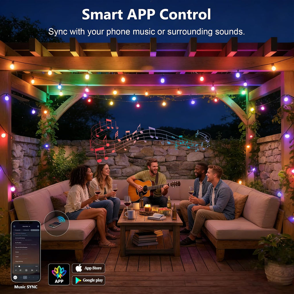 Outdoor String Lights,200FT Smart RGB+IC Patio Lights with Shatterproof LED Bulbs,Outside Light Dimmable Patio for Decor DIY IP67 Waterproof,Courtyard, Garden,Holiday,LED Lights More Scene Modes