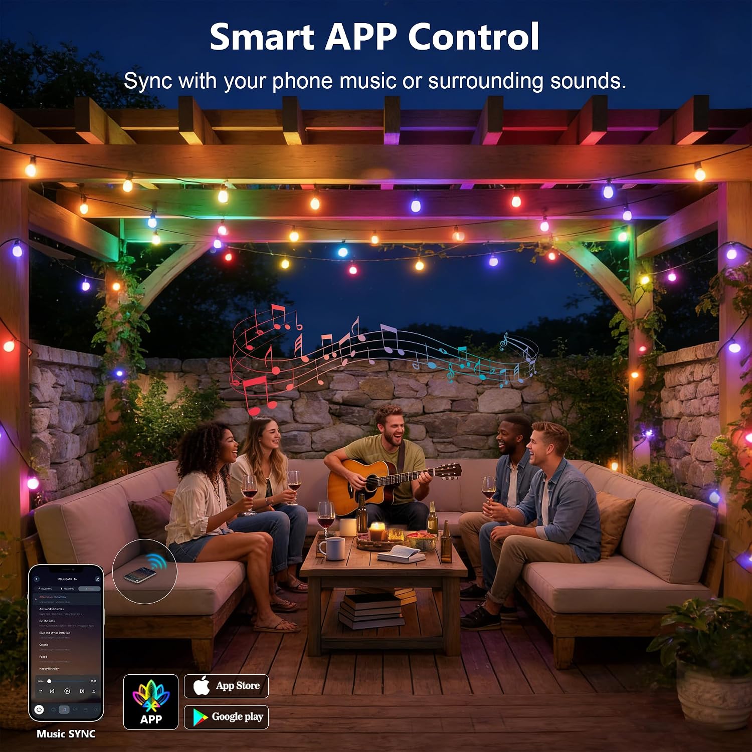 Outdoor String Lights,200FT Smart RGB+IC Patio Lights with Shatterproof LED Bulbs,Outside Light Dimmable Patio for Decor DIY IP67 Waterproof,Courtyard, Garden,Holiday,LED Lights More Scene Modes