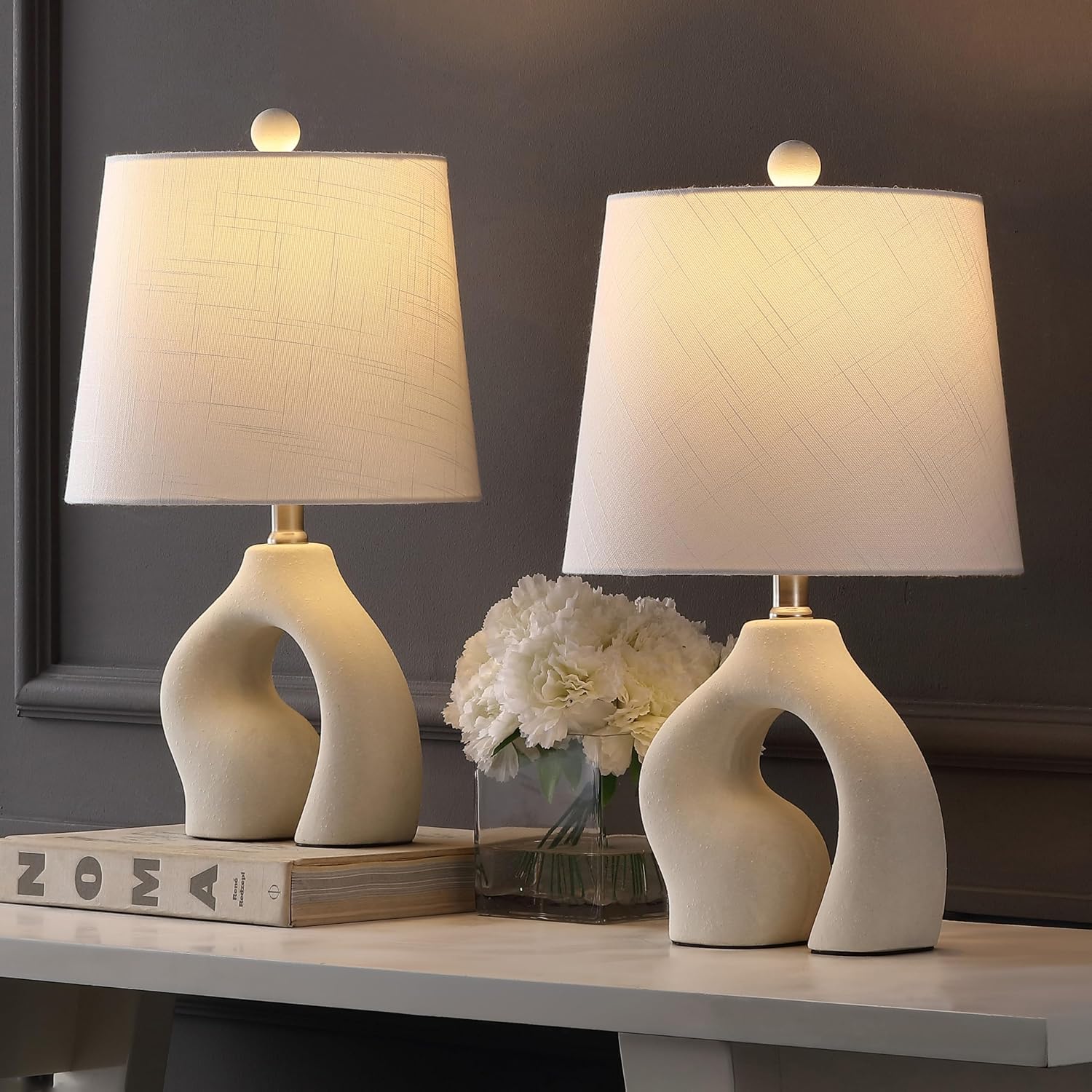 JONATHAN Y 19' Cream Ceramic Arch LED Table Lamp Set of 2, Scandinavian Minimalist Modern Bedside Lamps for Living Room Bedroom, White Linen Shade, LED Bulbs Included JYL5504A-SET2