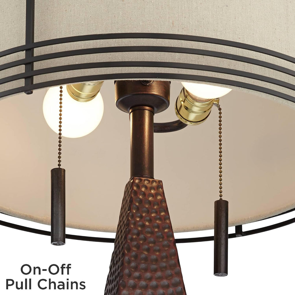 Franklin Iron Works Niklas 26' High Industrial Farmhouse Rustic Table Lamps Set of 2 USB Port Pull Chain Brown Bronze Finish Metal Tan Shade Living Room Charging Bedroom Bedside Nightstand House