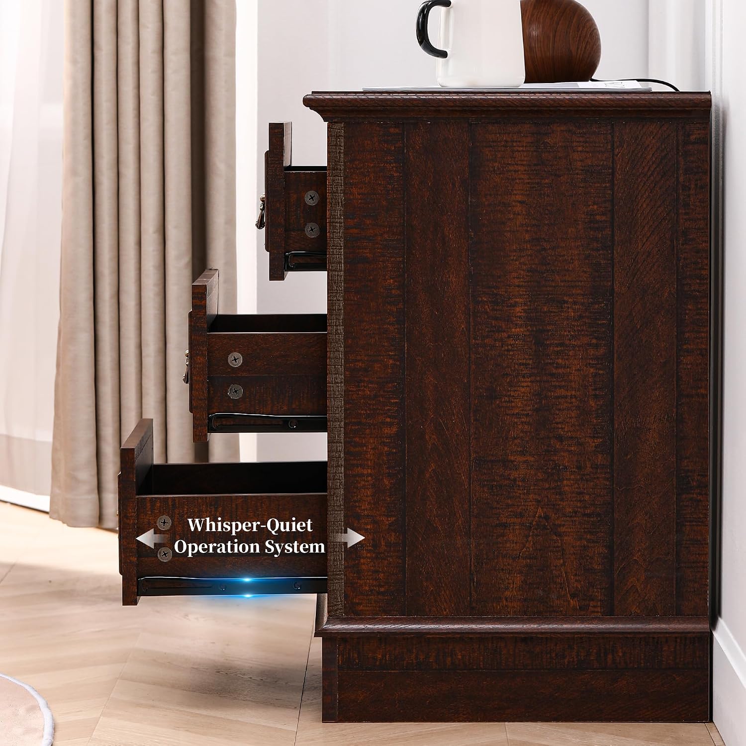 Farmhouse Night Stand with Charging Station, Bedside Table with 3 Drawers Storage and Outlets, Wood Nightstand for Bedroom, Living Room, Closet (Dark Brown)