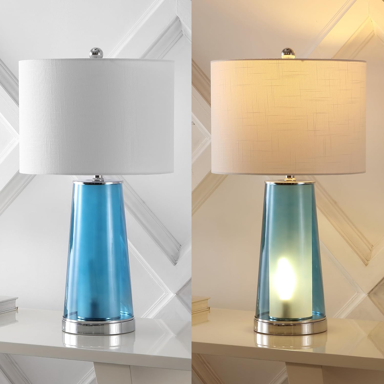 JONATHAN Y 26' Chrome/Clear Blue Nightlight Table Lamp Set of 2 for Bedroom, Modern Glass Desk Lamps with White Fabric Shade, Farmhouse Living Room Decor, LED Bulbs Included (JYL1137B-SET2)