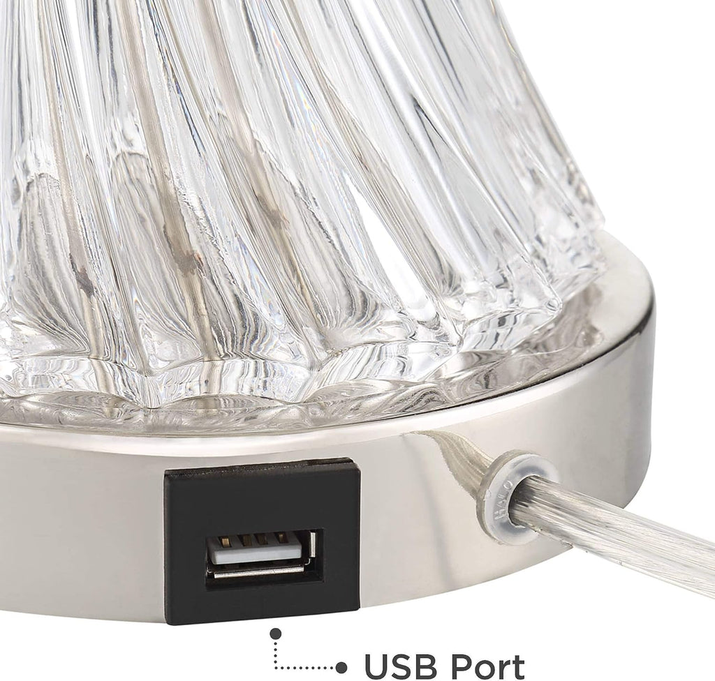 Regency Hill Luca Modern Glam Luxury Table Lamps 25.5' High Set of 2 with USB Port Clear Glass Chrome Cream Fabric Drum Shade Decor for Living Room Bedroom House Bedside Nightstand Home