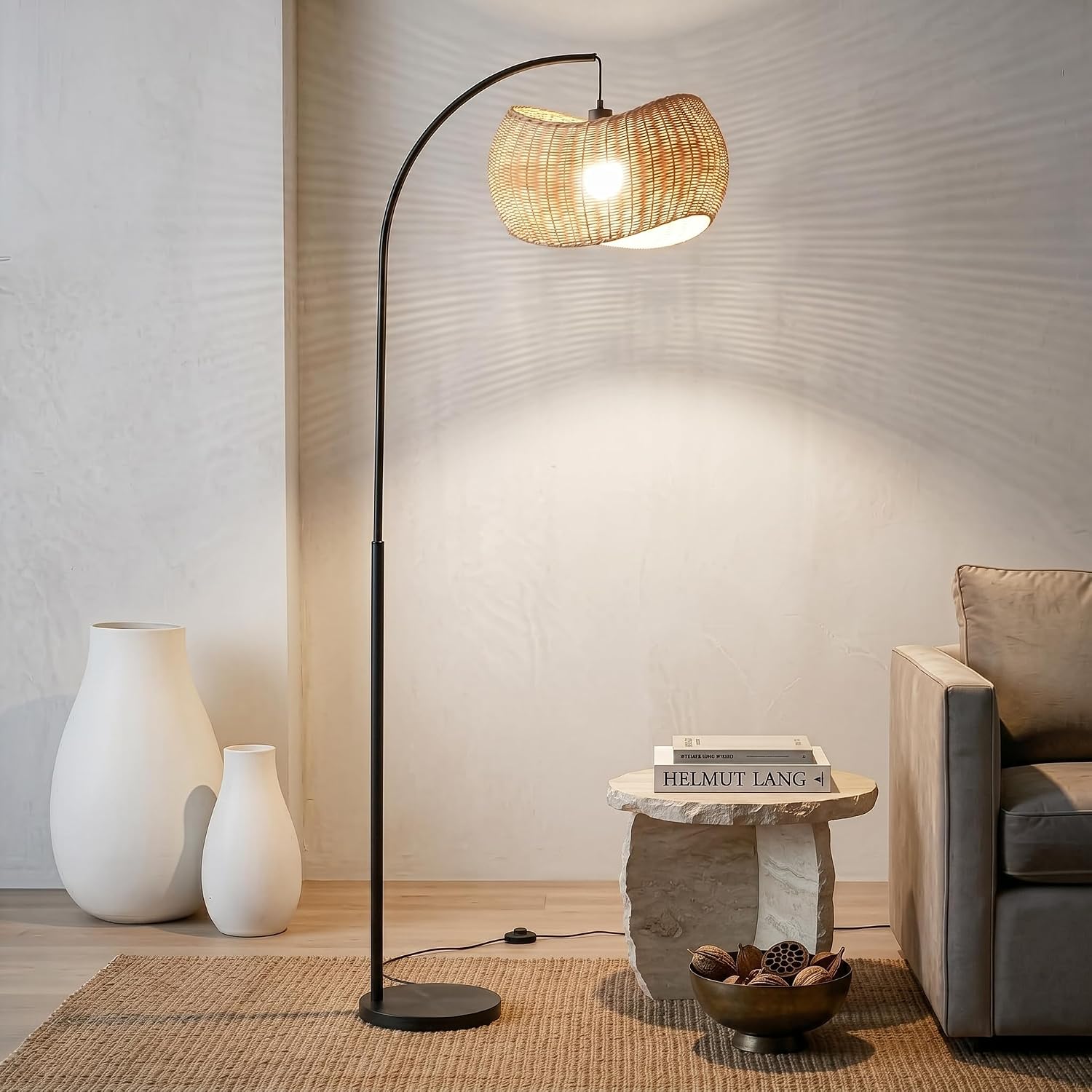 Brightech Wave Arc Floor Lamp - Chic Standing Lamp with Unique Hanging Wicker Pendant Shade for Living Room, Boho Rattan Natural Decor Lamp, Arcs Over Sofa, Bedroom & Office Desk for Reading - Black