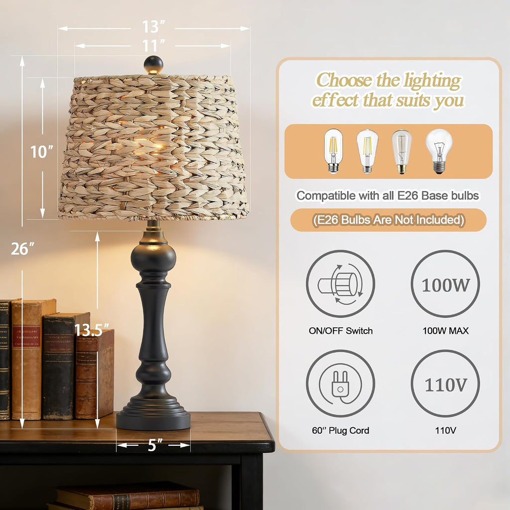 Maxax 26' Boho Rattan Table Lamps for Bedroom Set of 2, Coastal Bedside Lamps with Rattan Shade, Black Farmhouse Wicker Lamps, Rustic Resin Nightstand Lamps for Living Room
