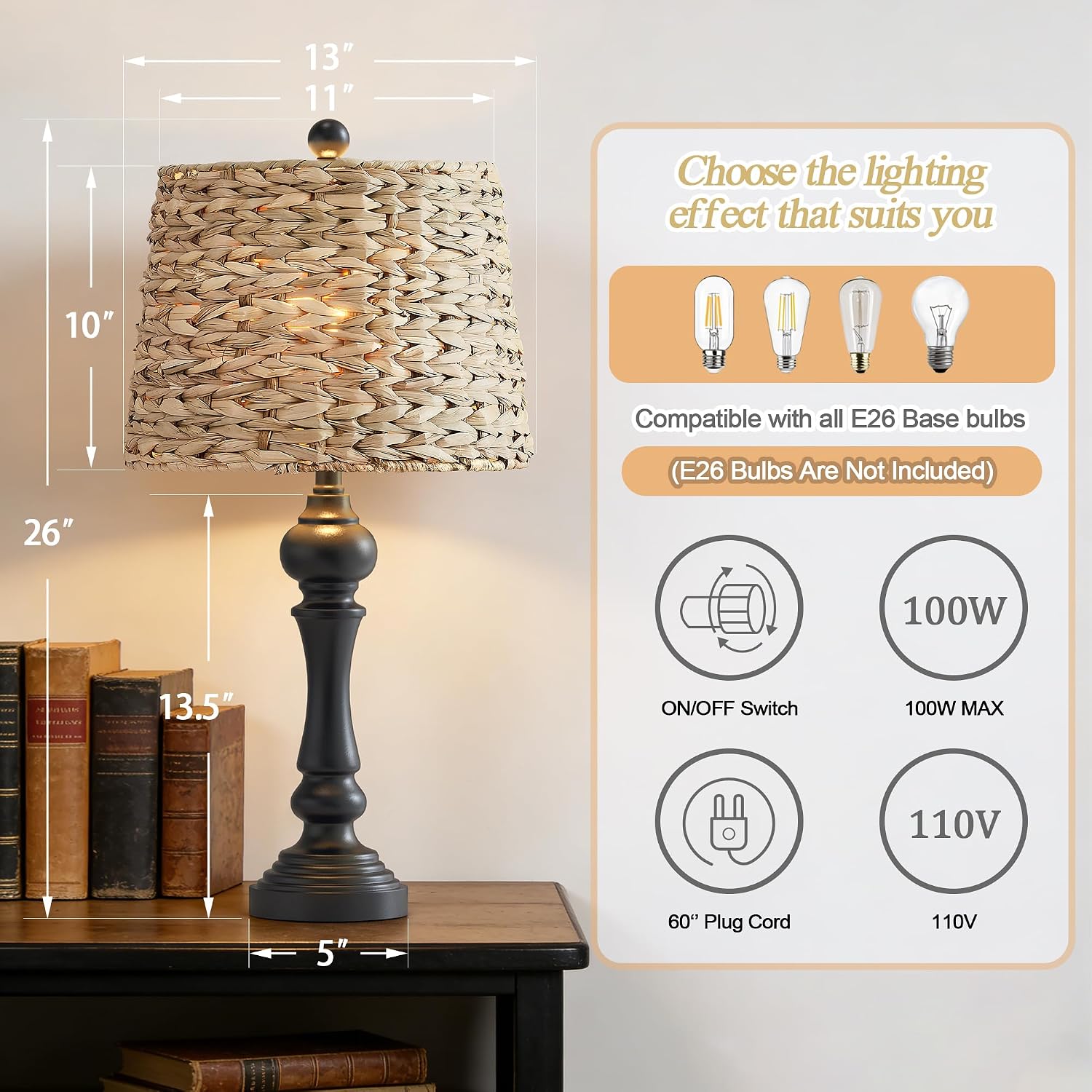 Maxax 26' Boho Rattan Table Lamps for Bedroom Set of 2, Coastal Bedside Lamps with Rattan Shade, Black Farmhouse Wicker Lamps, Rustic Resin Nightstand Lamps for Living Room
