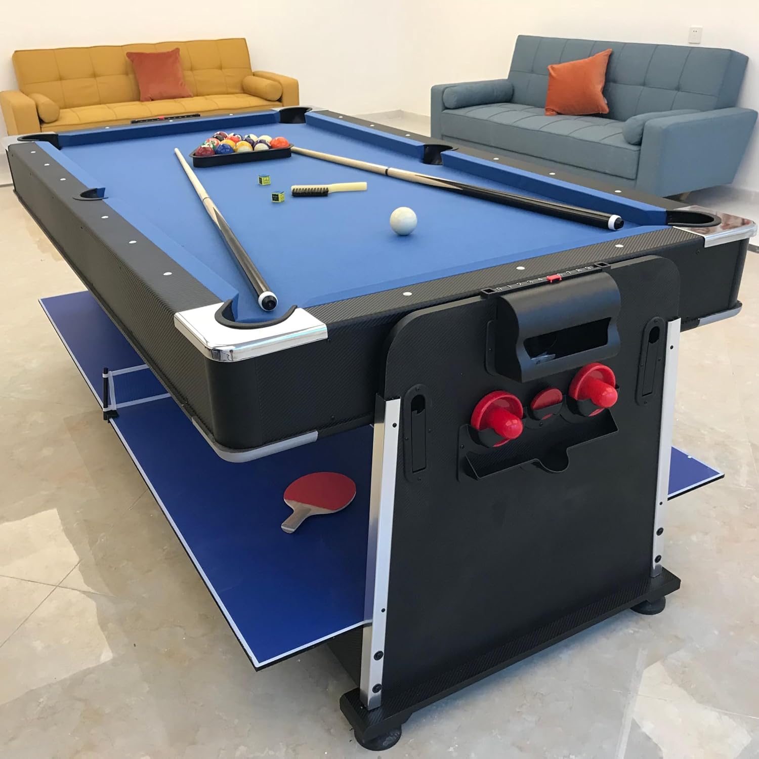 3-in-1 Convertible Pool Table, 7 Ft, Black, Indoor Outdoor Gaming Table with Air Hockey, Table Tennis, Billiards, Portable Design with No Wheels