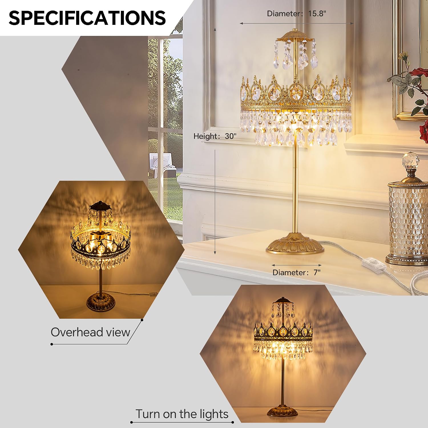 TOCHIC 3 Lights Crystal Table Lamp for Bedroom, 30' Tall Bedside Table Lamp Gold Modern Farmhouse Desk Nightstand Lamp Light Fixture for Living Room, Kids Room, Entryway, Home Office, Console Table