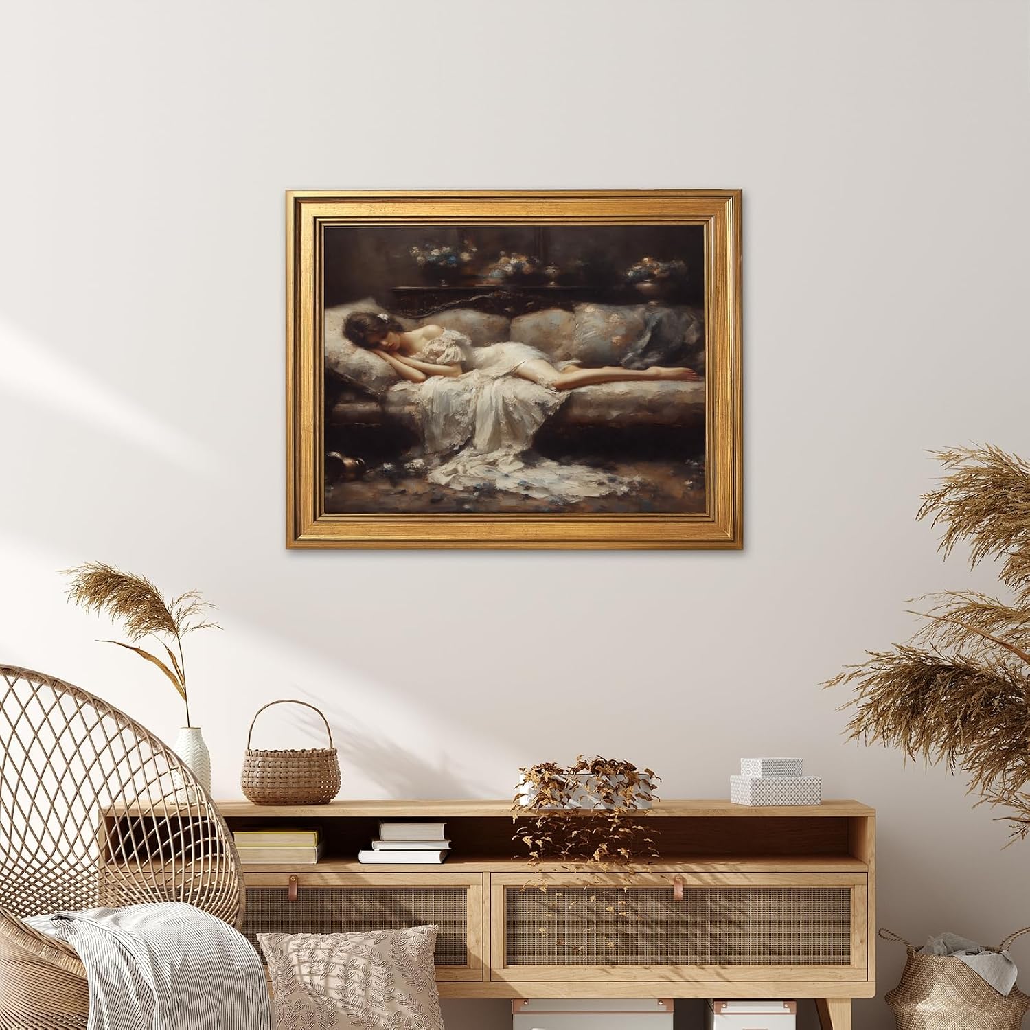 Gold Frame Wall Art Vintage Victorian Tired Woman Portrait Canvas Poster Moody Romantic Oil Painting Dark Academia Classic Wall Decor Print Aesthetic Picture for Bedroom Living Room 24X36inch