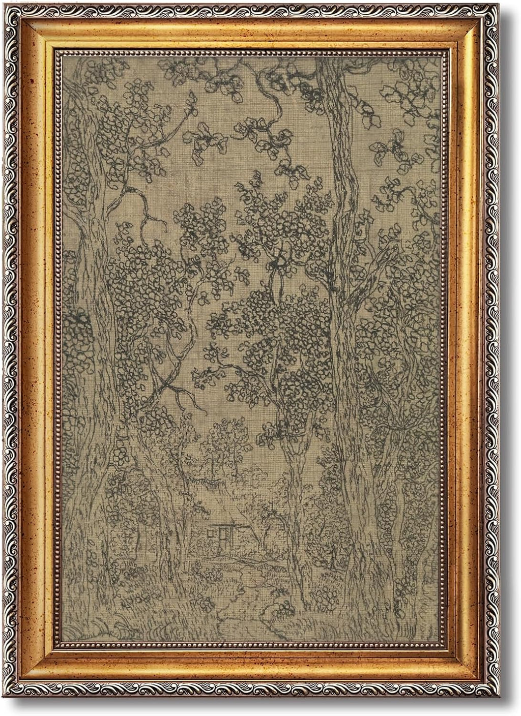 Retro Gold Framed Landscape Sketch Canvas Wall Art Vintage Classic Mystical Forest Moody Woodland Painting Poster Antique Dark Drawing French Country Farmhouse Print Artwork Home Decor 20x30inch