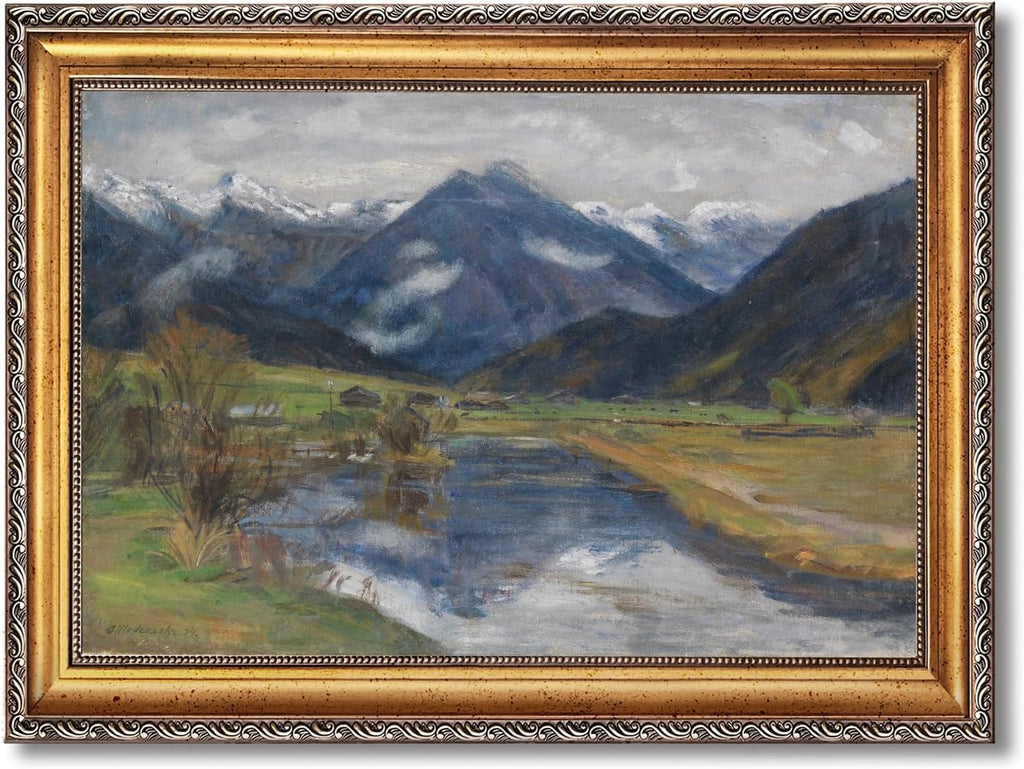 Large Gold Framed Hinterstein from the Water Canvas Poster by Otto Modersohn Vintage Alpine Landscape Wall Art European Mountain River Oil Paintings Reproduction Artwork Print for Home Decor 24x36inch