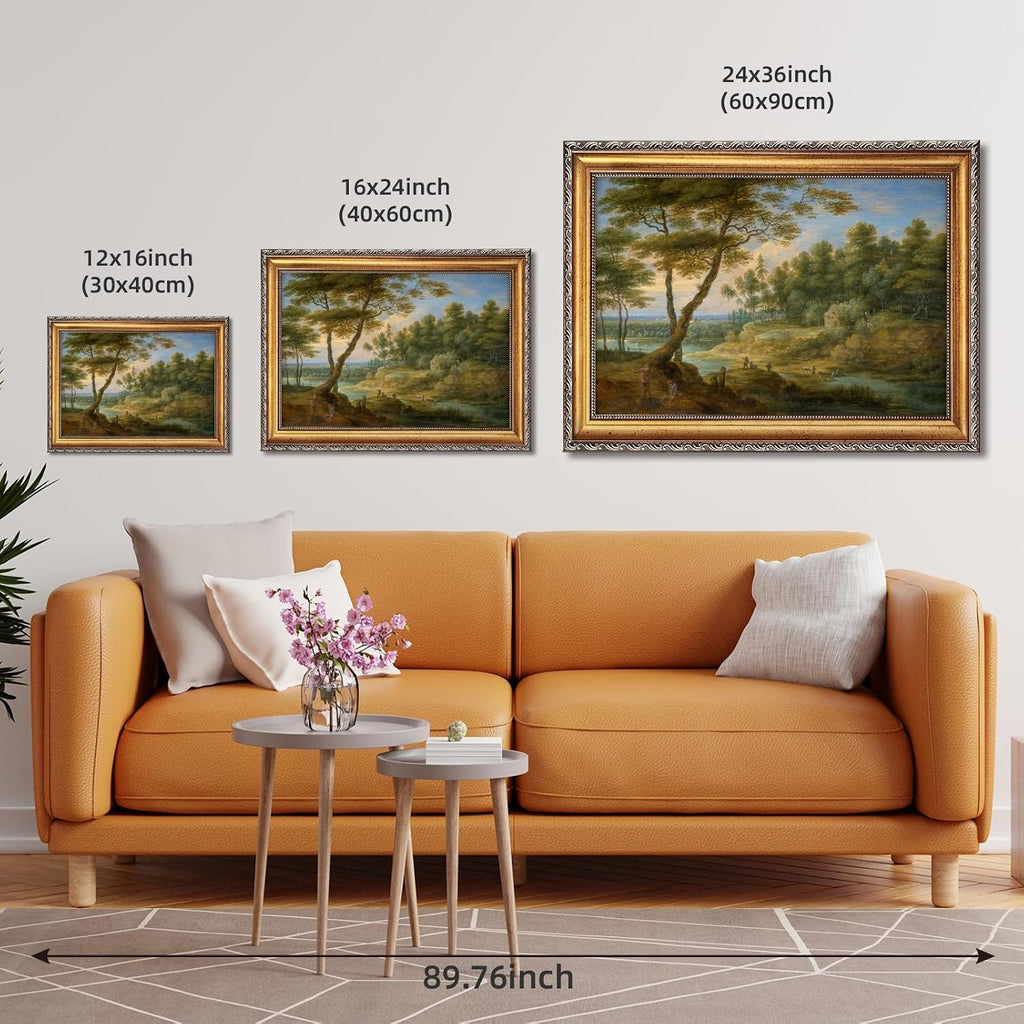 Framed Classical Forest Landscape Painting with Shepherds Canvas Wall Art Print European Countryside Poster Trees and Meadows Picture Vintage Farmhouse Scenic Artwork Decor for Home Office 24x36inch