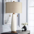 Possini Euro Design Kingston Mid Century Modern Table Lamp 32 3/4' Tall White Grooved Patterned Ceramic Taupe Drum Shade for Bedroom Living Room House Bedside Nightstand Home Office Entryway Family