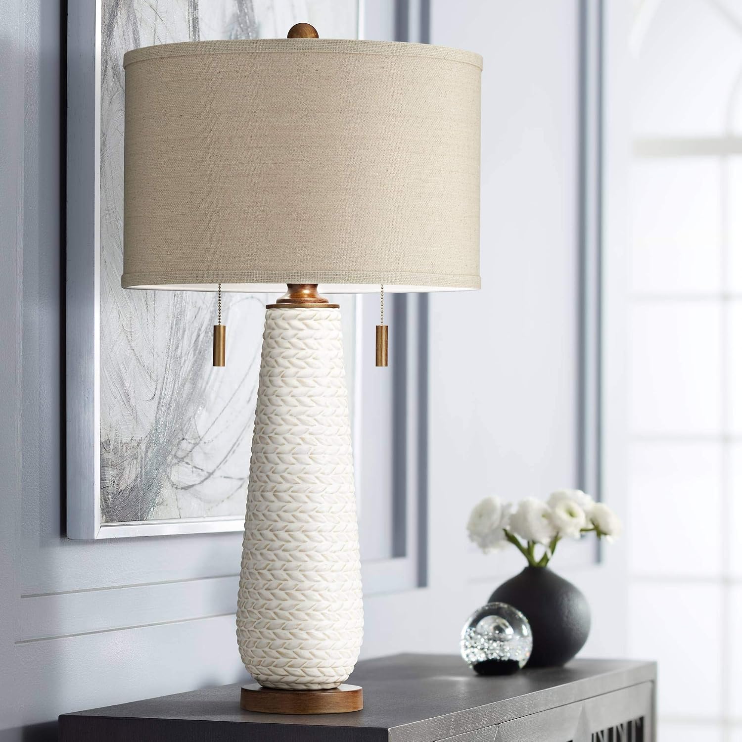 Possini Euro Design Kingston Mid Century Modern Table Lamp 32 3/4' Tall White Grooved Patterned Ceramic Taupe Drum Shade for Bedroom Living Room House Bedside Nightstand Home Office Entryway Family