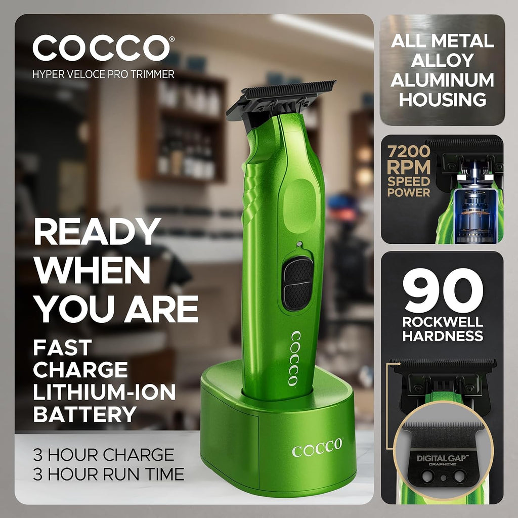 Cocco Hyper Veloce Pro Trimmer, Digital Gap Graphene Blade Edger, High-Torque Brushless BLDC Motor, Cordless, All-Metal Design, Lithium-Ion Battery, Charging Base Included