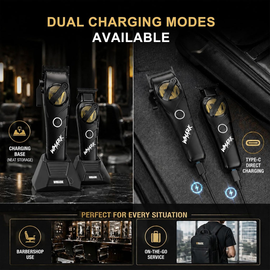 WMARK Professional 2-Piece Haircut Kit for Barber - High-Speed Clipper (7500/8500rpm) & Detail Trimmer (6500/7500rpm), Ceramic Blades, Rechargeable Lithium-Ion Batteries, NG-8613 KIT (Black)