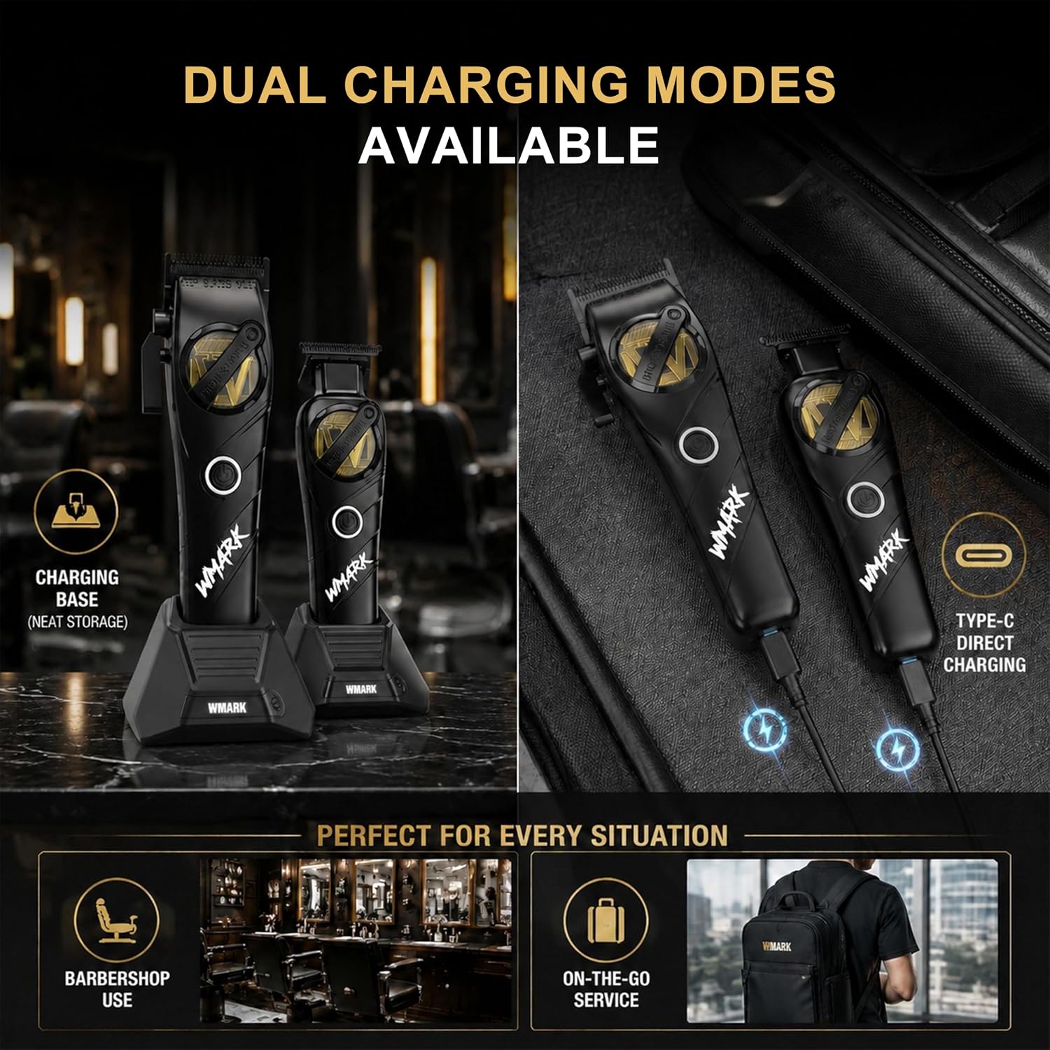 WMARK Professional 2-Piece Haircut Kit for Barber - High-Speed Clipper (7500/8500rpm) & Detail Trimmer (6500/7500rpm), Ceramic Blades, Rechargeable Lithium-Ion Batteries, NG-8613 KIT (Black)