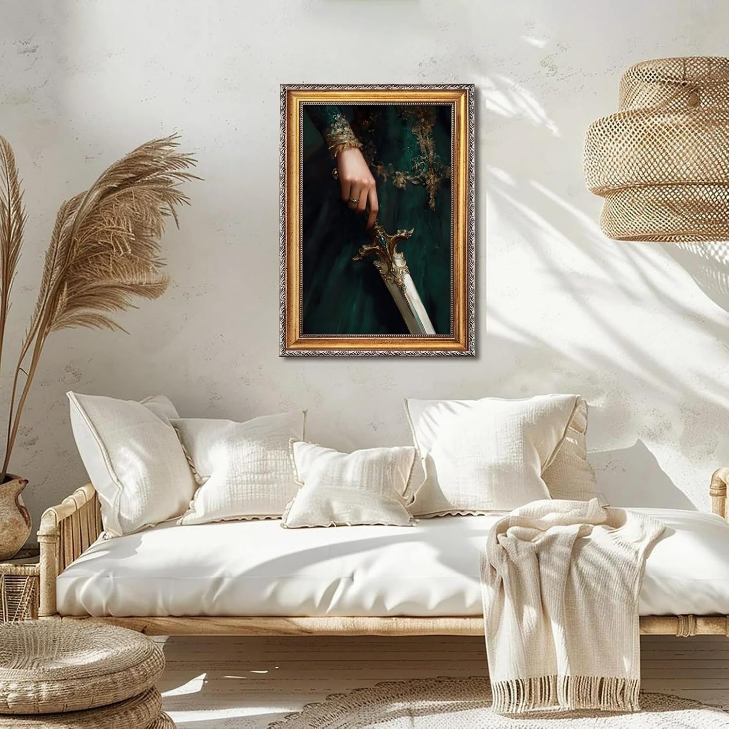 Large Gold Framed Victorian Feminist Woman Wall Art Vintage Royal Medieval Sword Canvas Poster Retro Jeweled Hand Oil Painting Prints Luxury Gothic Castle Court Decor for Girly Bedroom 24x36inch
