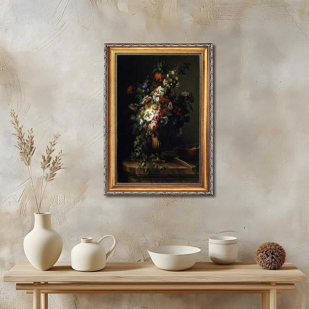 Large Gold Framed 19th Century Classical Floral Oil Painting Canvas Poster Vintage European Flowers Dark Wall Art Retro Bouquet of Peony Rose Iris Artwork Prints for Bedroom Home Deocr 24x36inch